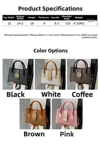 Detailed size chart and color selection for elegant monogram crossbody bag with M buckle