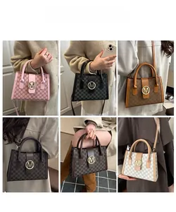 Fashionable monogram tote bag with gold ring buckle shown in various model perspectives