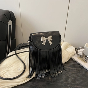 Women Trendy PU Leather Tassel Crossbody Bag Metal Bow Decor Small Square Shoulder Bag Stylish Mobile Phone Bag Handbag