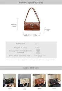 Detailed size specifications and four available colors for this retro French baguette bag