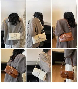 Collage of model wearing vintage baguette bag in cream and brown with metal buckle