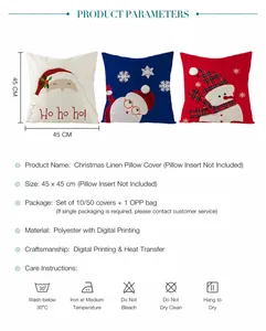 Detailed specs for Christmas pillow covers showing 45x45cm size and digital printing features