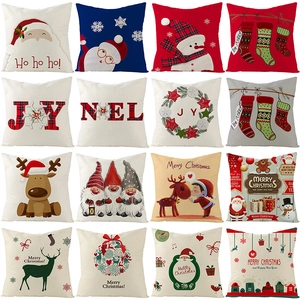 Taie d'Oreiller Noël Polyester Aspect Lin Housse de Coussin Père Noël Renne Imprimé Carré Décoratif pour Canapé Maison
