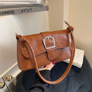 French Retro PU Leather Baguette Bag For Women Large Metal Buckle Minimalist Shoulder Bag Solid Color Underarm Purse Daily