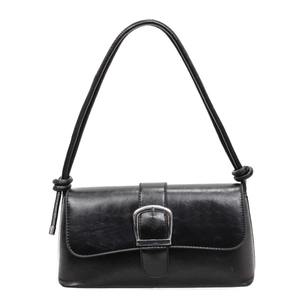 Black glossy PU leather shoulder bag with large silver horseshoe buckle and knot straps