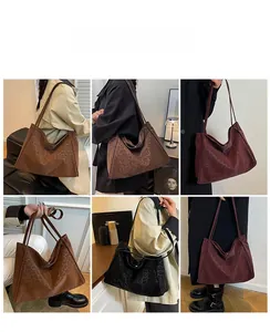 Collage of six photos showing leopard print tote bags in four colors worn on the shoulder
