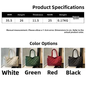 Detailed size chart and multi-color options for quilted puffer tote bag in minimalist style