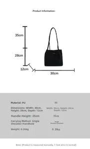 Size guide for a large black PU leather tote bag with dimensions and weight specs