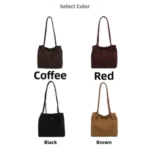 Grid view of suede tote bags in coffee, red, black, and brown with woven handles