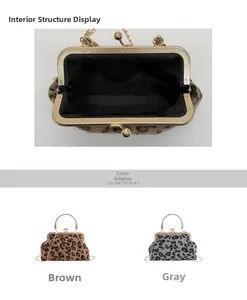 Detail view of leopard faux fur clasp bags with metal chain and spherical closure