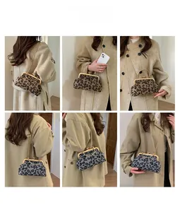 Detailed look at leopard print clasp bags with gold chain straps in brown and grey