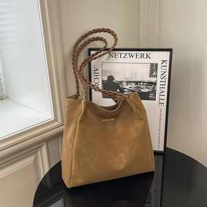 Vintage camel faux suede tote bag with woven straps and high capacity for women