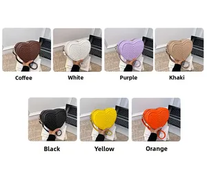 Collage of heart-shaped quilted crossbody bags in seven colors with leather straps