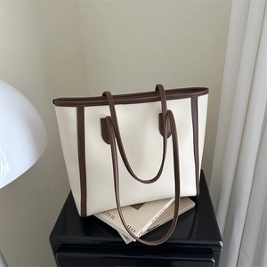 Large Capacity Tote Bag Women PU Synthetic Leather Minimalist Contrast Piping Commuter Shoulder Handbag Zipper