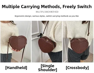 Brown heart-shaped crossbody bag with chevron quilting showing three carrying styles