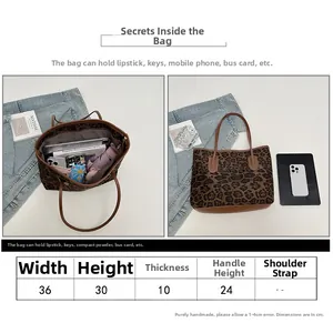 Größentabelle für die große Tote Bag mit Leopardenmuster inklusive Maßen und Details