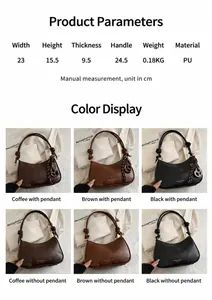 Parametri dettagliati delle dimensioni e sei opzioni di colore per la borsa a mezzaluna in PU