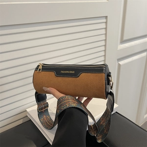 Women Retro Frosted Suede Cylinder Crossbody Bag With Ethnic Geometric Print Wide Shoulder Strap Fashion Barrel Shoulder Bag