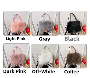 Multiple color options for plush handbags including pink, grey, black, and beige tones