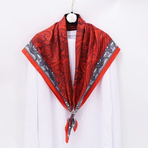 Red vintage paisley print square silk scarf for women styled on a white shirt 90x90cm