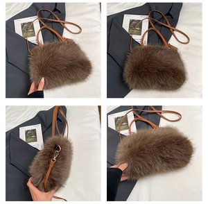 Detail views of a brown faux fur handbag featuring soft plush texture and leather straps