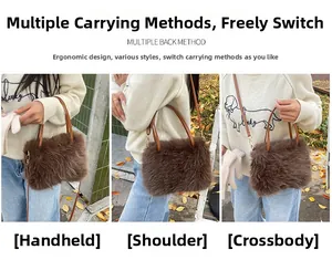 Three-way fluffy brown faux fur bag shown as handbag, shoulder bag, and crossbody style