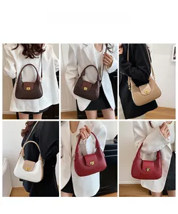 Showcase of woven shoulder bags in various colors with metallic buckles on models