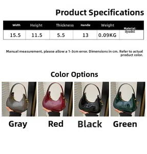 Detailed dimensions and four color variants of this mini shiny crescent hobo handbag