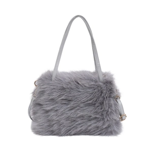 Chic grey faux fur tote bag with plush long hair texture and gold-toned metal hardware