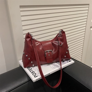 Retro wine red studded tote bag with glossy leather and silver rivets for women