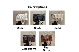 Close-up detail of vintage chic shoulder bag showing metal buckle and multi-color options