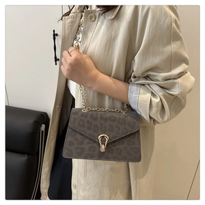 Detail of leopard print suede crossbody bag with gold horseshoe buckle and chain strap