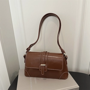 Women PU Leather Underarm Bag French Retro Contrast Stitching Gold Buckle Flap Small Shoulder Bag Minimalist Commute