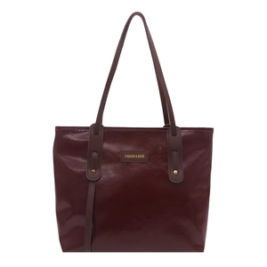 Minimalist large dark red patent leather tote bag with stylish shoulder straps