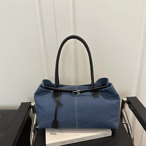 Korean Denim Large Capacity Tote Bag For Women Fashion Contrast Stitching Underarm Bag Commuting Shoulder Handbag