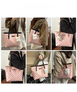 Multi-angle view of pink plaid tote bag with plush charm and metal tag detail