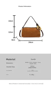 Brown suede Boston bag details with dimensions 24x12x8cm and adjustable strap