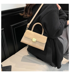 Detail of beige structured handbag with velvet flap and gold circular metal handle
