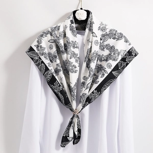 Elegant Floral Rose Leaf Print Square Scarf Satin Polyester Satin Feeling Headscarf Neck Wrap For Women