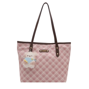 Pink and white plaid tote bag with brown leather straps and a cute plush bear pendant