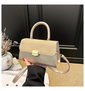 Detail of champagne gold square handbag with suede flap and metallic lock closure