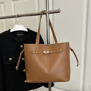Large Capacity PU Leather Tote Bag Metal Lock Drawstring Minimalist Vintage Shoulder Handbag Women Daily Commute