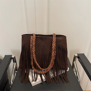 Bohemian suede fringe tote bag with braided handles in dark coffee brown vintage style