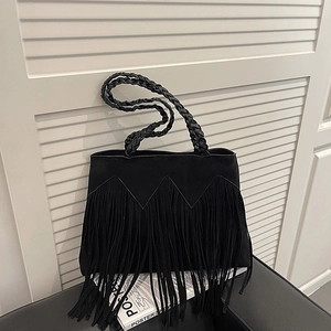 Bohemian black fringe tote bag with braided handles and large capacity vintage design