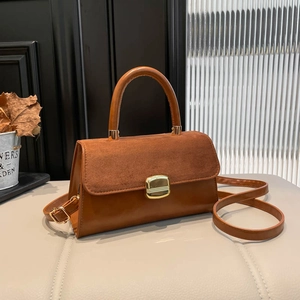 Brown vintage square handbag with suede patchwork and gold lock for winter daily commute