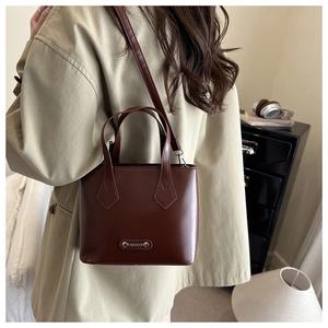 Brown leather mini bucket bag with fashion metal plate shown in a stylish crossbody view