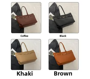 Detail view of large minimalist tote bags in coffee, black, khaki, and brown faux leather