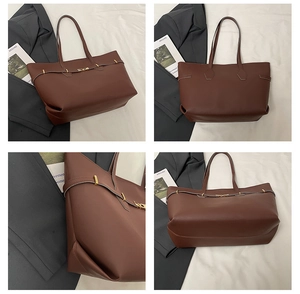 Detail shots of a brown leather tote bag with gold hardware and spacious interior