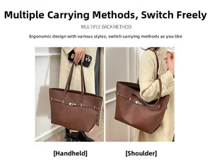 Brown leather tote bag detail showing hand-carry and shoulder-wear styles with metal buckle