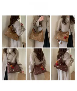 Multiple views of a rivet tote bag with colorful pom-poms on a beige coat model